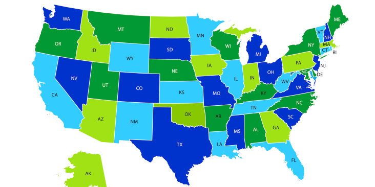 Map of the United States in shades of blue and green